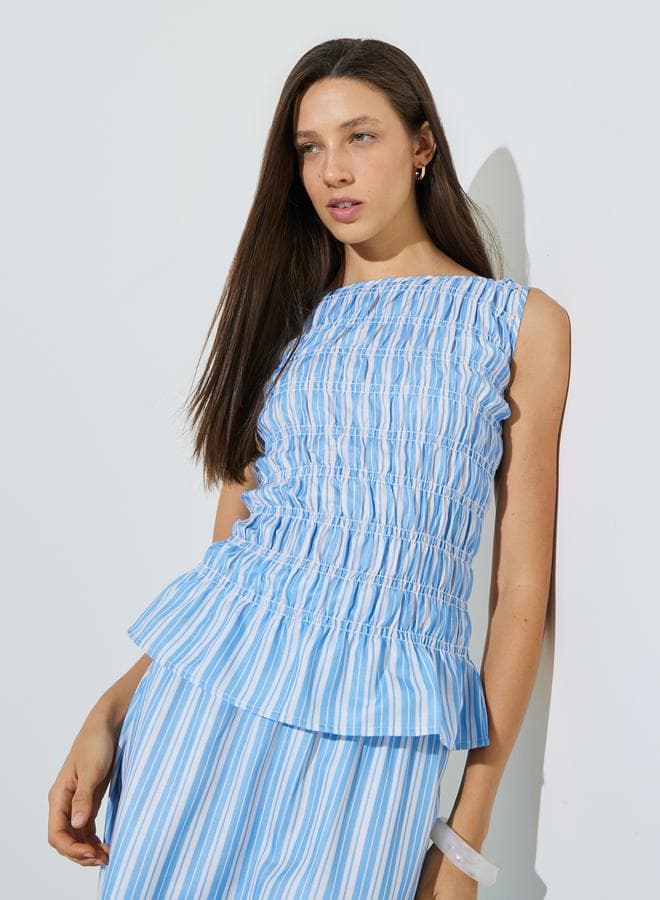 Blue Striped Sleeveless Peplum Top