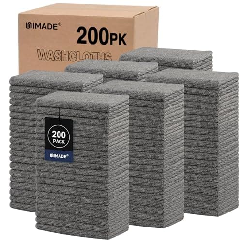 UNIMADE Washcloths Bulk - 200 Pack - Face Towels (12" x 12"), Highly Soft Wash Cloth and Hand Towels, Fast Drying Multi-Purpose Microfiber Cleansing Cloths for Bathroom, Hotel, Spa, and Salon - Grey