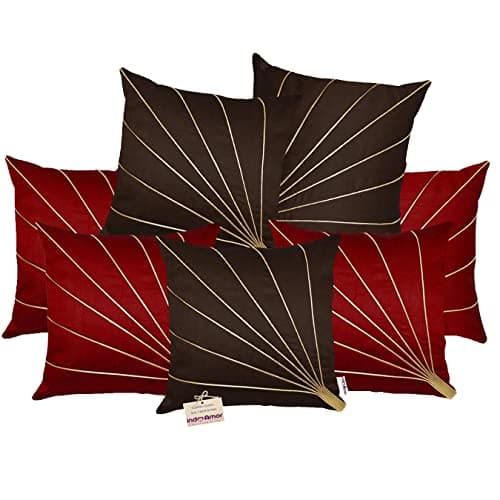 indoAmor Silk Cushion Covers, Stripes Pattern (16x16 Inches, Maroon & Brown Color) - Set of 7 Covers