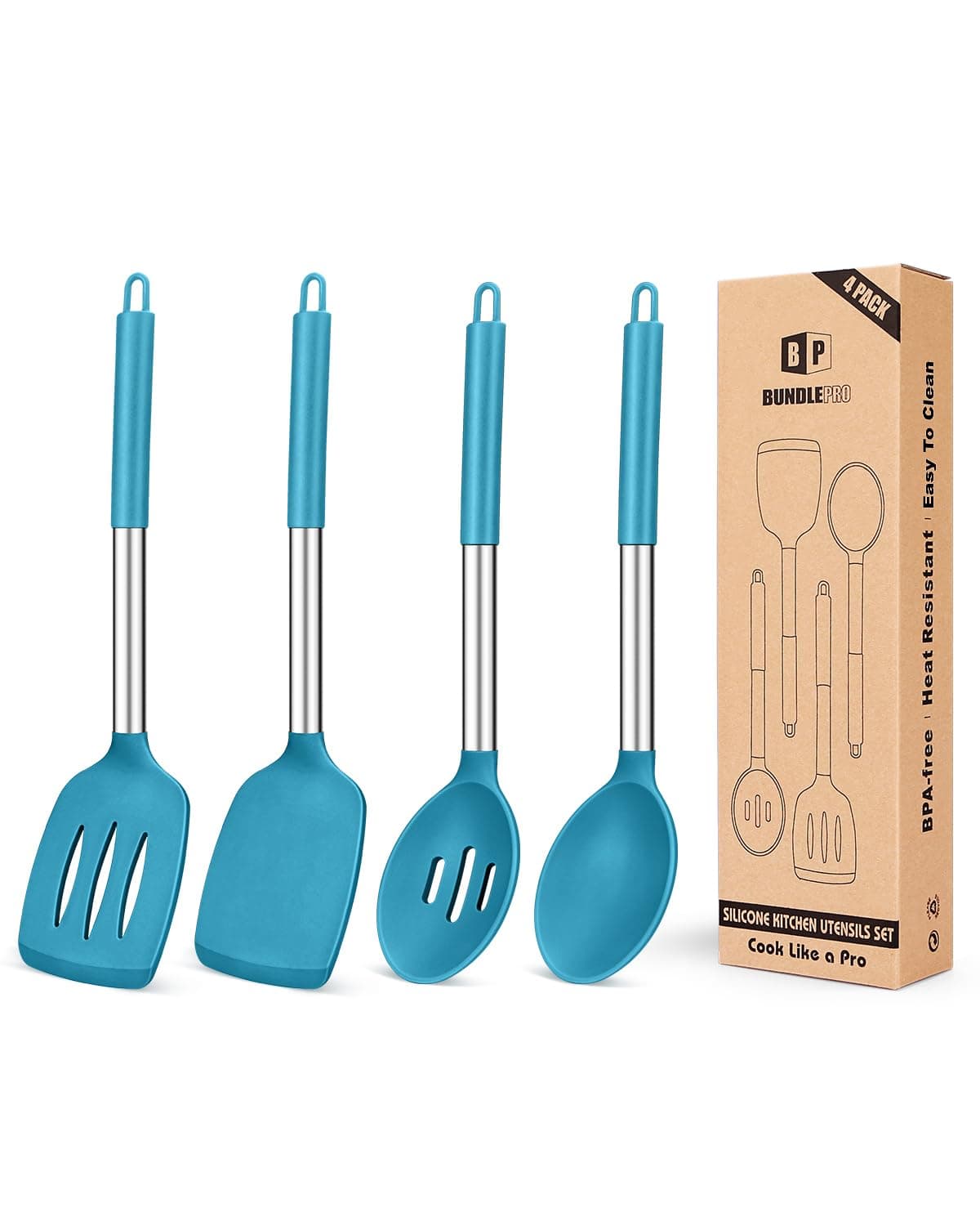 Pack of 4 Silicone Cooking Utensils Set Non Stick Large Solid Spatulas Heat Resistant Blue Slotted Spoons Ideal BPA Free Kitchen Turners for Frying MixingServingDrainingTurningStirring