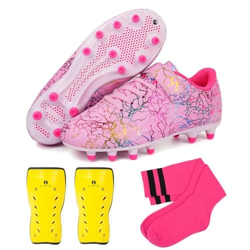brooman Kids Firm Ground Soccer Cleats Girls Football Cleats with Shin Guards and Soccer Socks (8,Pink)
