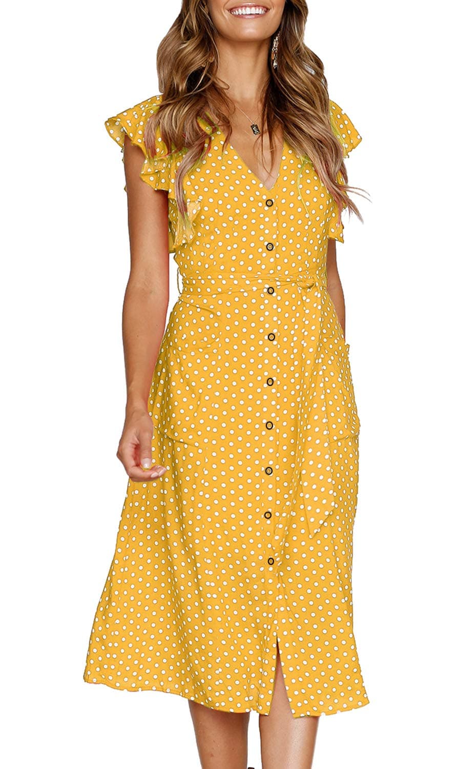 MITILLY Women's Boho Polka Dot Flutter Short Sleeve V Neck Button Down Swing Midi Dress with Pockets X-Large Yellow