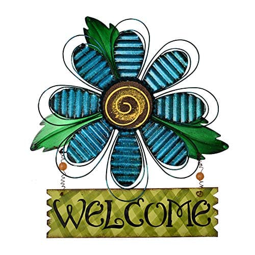 Metal Welcome Sign Daisy Hanging Signs for Front Door - Indoor Outdoor Door Decor Wall Art Flower Decoration Decorative Ornament Wreath for Home Garden Patio (Blue)