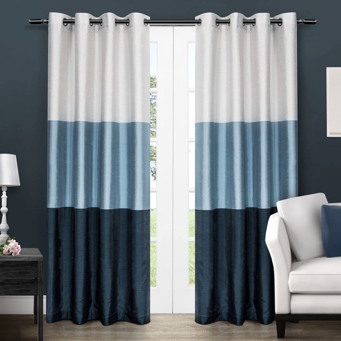 EXCLUSIVE HOME Chateau Striped Faux Silk Grommet Top Curtain Panel Pair 54x84 Indigo