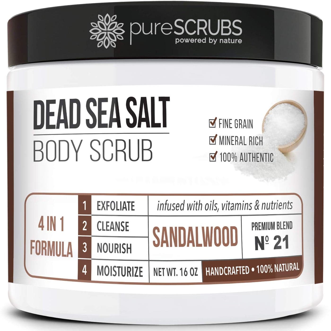 pureSCRUBS Premium Sandalwood Body Scrub Set Large 16oz Dead Sea Salt Body Scrub With Infused Essential Oils Nutrients Includes Wooden Spoon Loofah Oatmeal Exfoliating Bar Soap