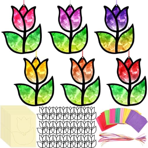 Supervitae 24 Sets Tulip Crafts Kits Mothers Day Crafts Spring Flower Paper Sun Catchers Art Kits DIY Tissue Paper Sign Make Your Own Flower Stickers Scene for Mothers Day Gifts Art Activities