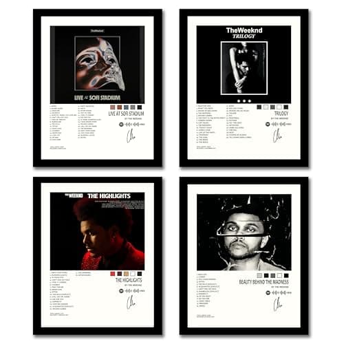 FlyBuy HUB Pack of 4 Popular Music Artist Framed Album Wall Art Posters, 24.5 x 19.5 cm, Wall Decor for Bedroom, Living Room, Office (The Weeknd)