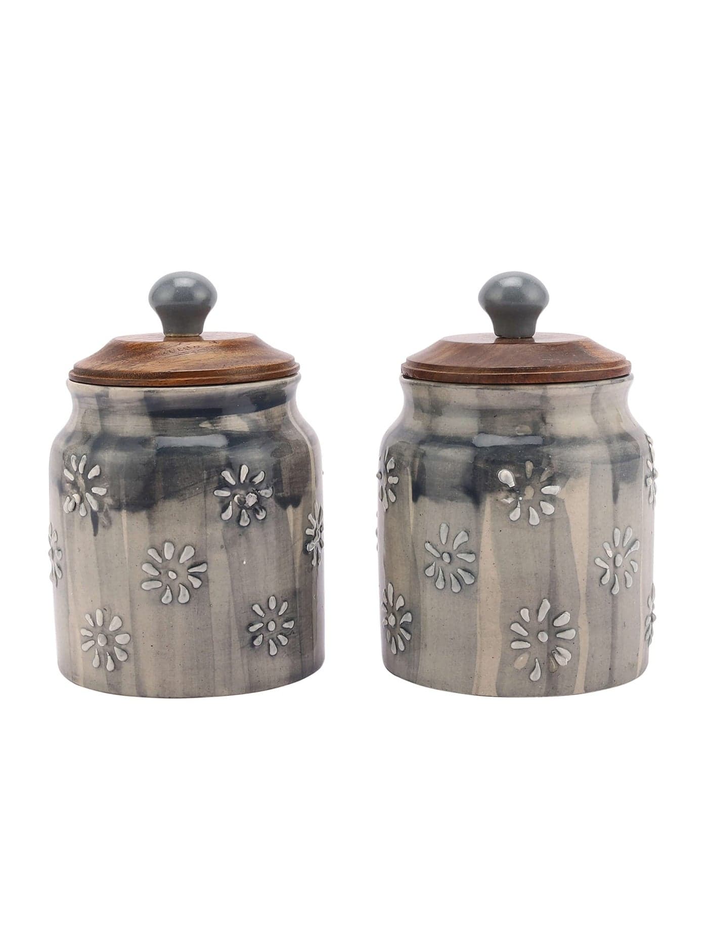 Miah Décor Ceramic Food Storage Jar Grey Canister Wooden Lid with Airtight Silicone Seal, Perfect for Tea, Coffee, Spices or Snacks-Set of 2