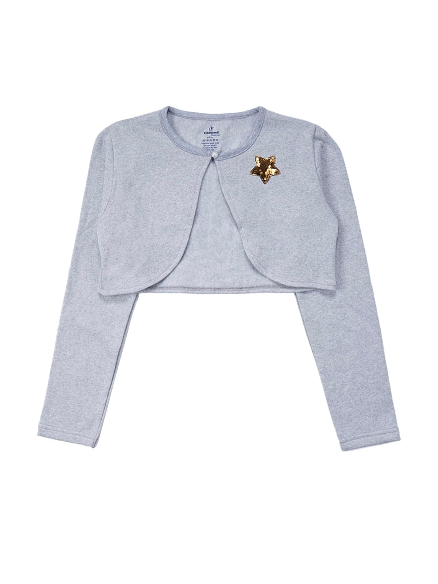 KiddoPanti Girls Crop Length Shrug | Cotton Poly Fleece Fabric |Sequin Patch on Chest | Front Open Pearl Button Closure | Crop Length, Full Sleeve | Girls Shrug,Grey Melange Star - 8-10Y
