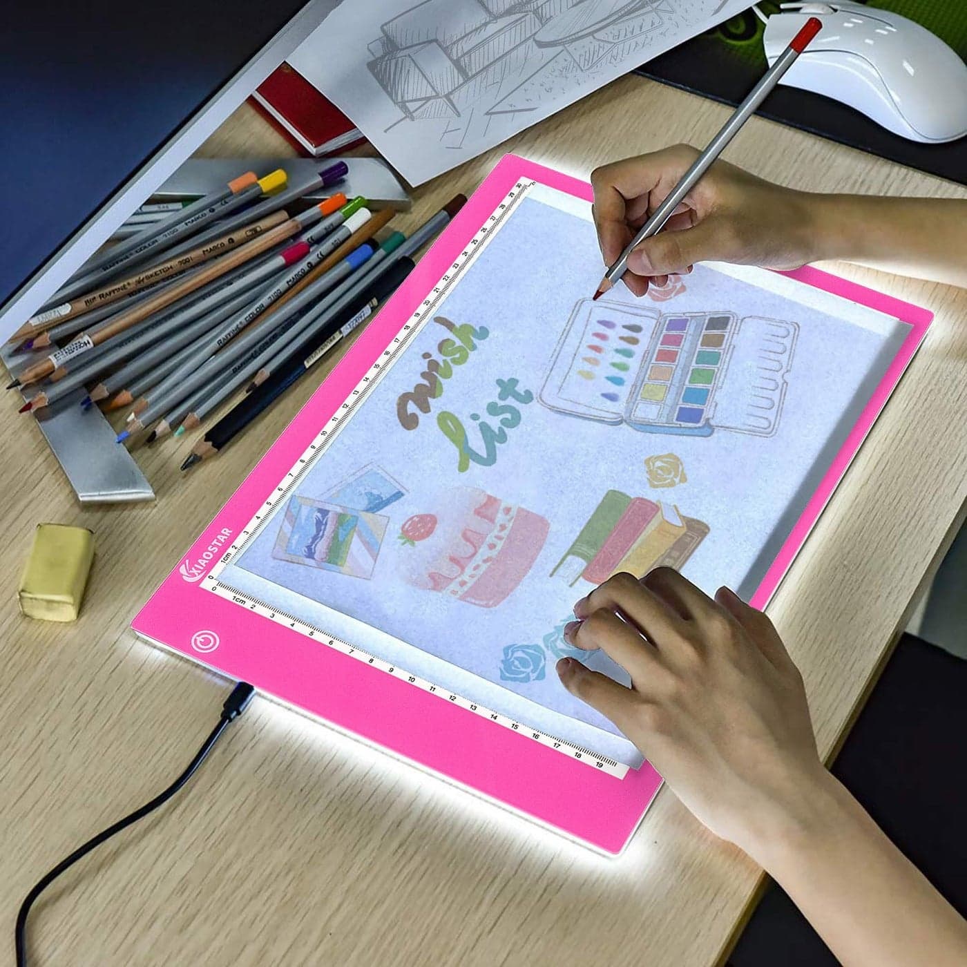 Light Box Drawing A4Tracing Board with 3 Brightness Adjustable for Artists Animation Drawing Sketching Animation Xray Viewing Red