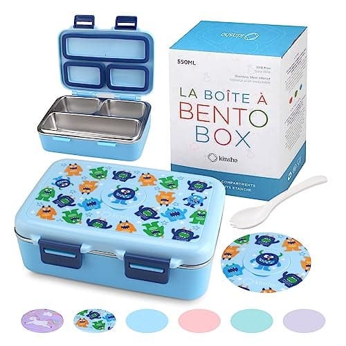 Stainless Steel Lunch Box for Baby Toddlers Boys Mini Bento 3 Eco Metal Portion Sections Leakproof Lid PreSchool Daycare Lunches Kids SpillProof Snack Container 18 oz 550 mL Blue Cute Monster
