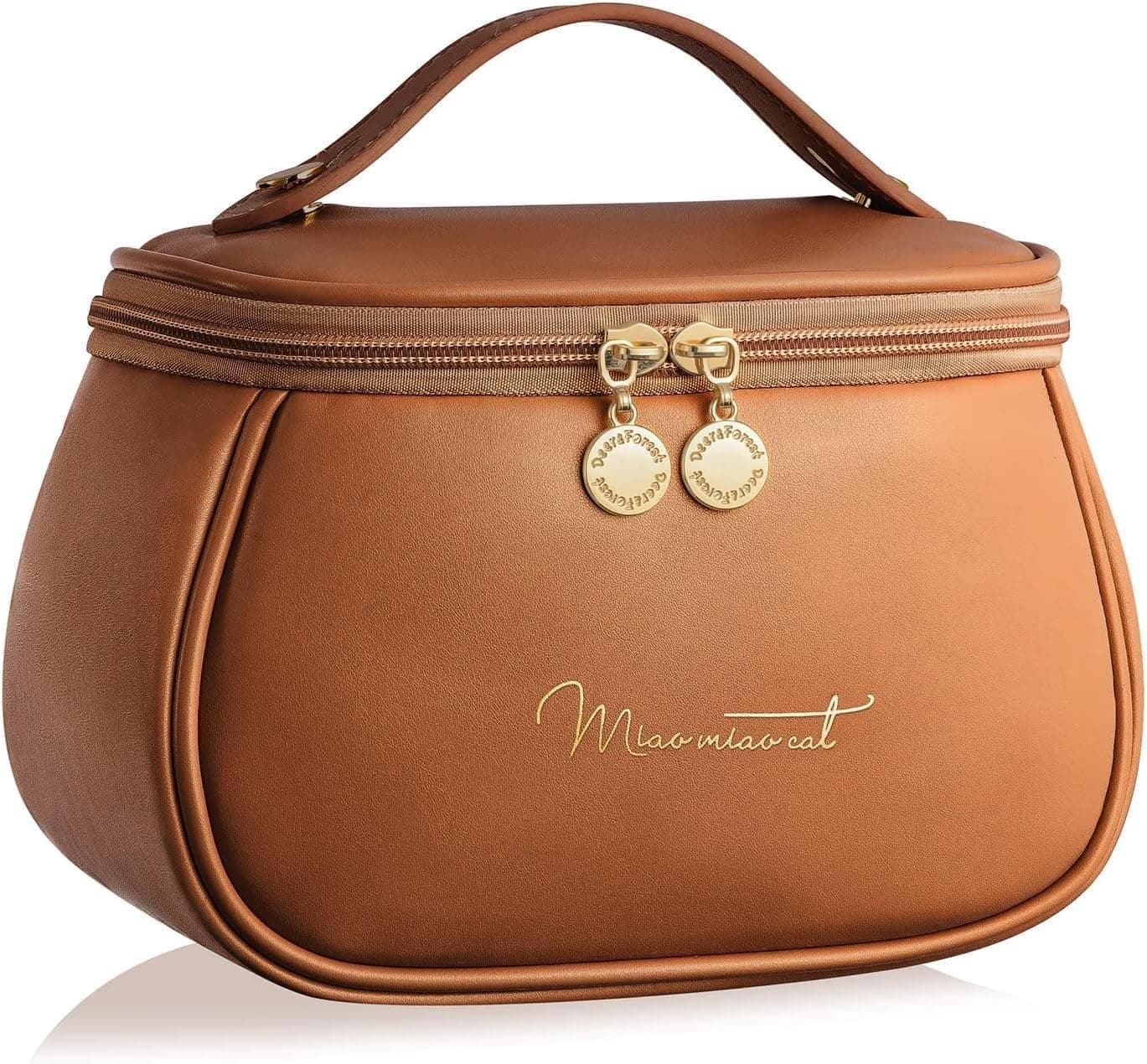 First Beauty Premium Brown PU Leather Makeup Organizer Bag for Women | Travel Cosmetic Vanity Pouch with Handle | Water-Resistant Beauty Storage Case