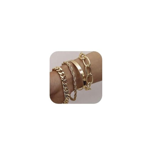 fxmimior Dainty Boho Bracelets Set for Women Adjustable Fashion Beaded Chunky Flat Cable Chain Punk Bracelets for Women Set of 4 (Silver)