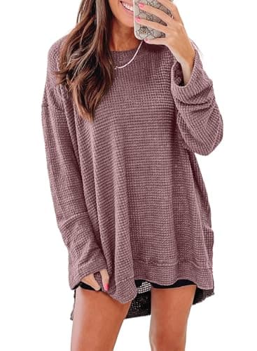 SHEWIN Sweatshirt For Women Fall Fashion 2025 Crewneck Womens Long Sleeve Tops Waffle Knit Tops Oversized Sweatshirt for Women,(US 12-14) L,Chicory Coffee