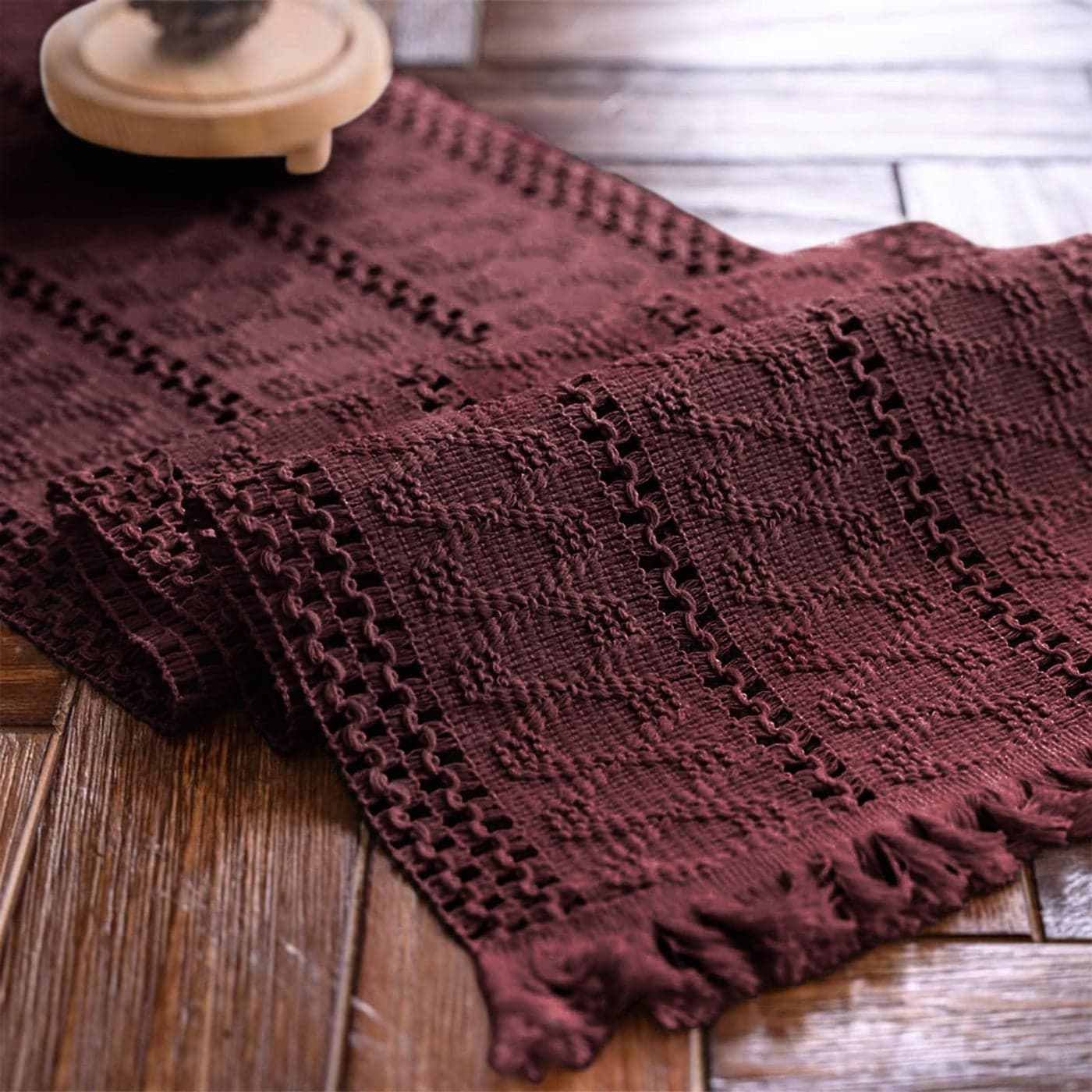 Weldomcor Macrame Table Runner Boho Burgundy Cotton Table Runner with Tassels 30 x 180 cm