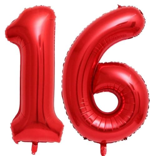 Red 16 Number Balloons 40 Inch Giant Number 16 Balloons Foil Mylar Helium Red Number Balloons for 16th Birthday Party Supplies Anniversary Event Celebration Decorations