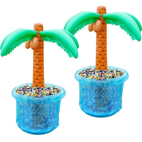 PARENTSWELL 63 Drink Cooler for Parties 2 Pack Inflatable Palm Tree Ice Bucket for BBQ Picnic Pool Party Bachelorette Supplies Floating Cooler for Hawaiian Luau Tropical Summer Party Decorations