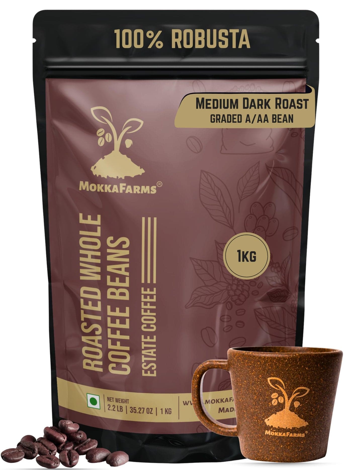MokkaFarms Roasted Whole Coffee Beans - 1kg | 100% Robusta | Medium Dark Roast, Sundried/Cherry, A/AA Grade | Freshly Roast Estate Coffee | Strong Flavor & Aroma | Farm to Fork Quality