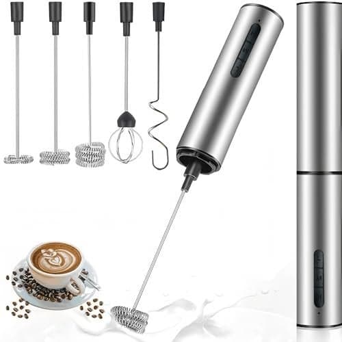 Rechargeable Milk Frother Wand with 3 Independent Speed Buttons, Handheld Electric Whisk with 5 Attachments for Coffee, Lattes, Matcha, Kitchen Gift, Stainless Steel Silver