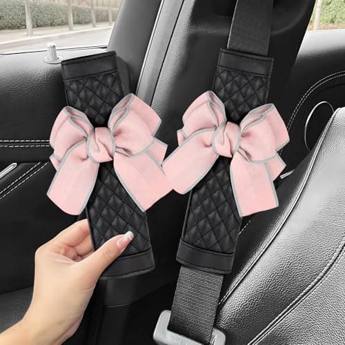 ongfuwu 2PCS Car Seat Belt Cover Pad, Cute Bow Leather Seatbelt Covers for Cars, Soft Auto Seat Belt Shoulder Strap Covers, Universal Seatbelt Protector Cushion for Shoulder & Neck (Pink, 2PCS)