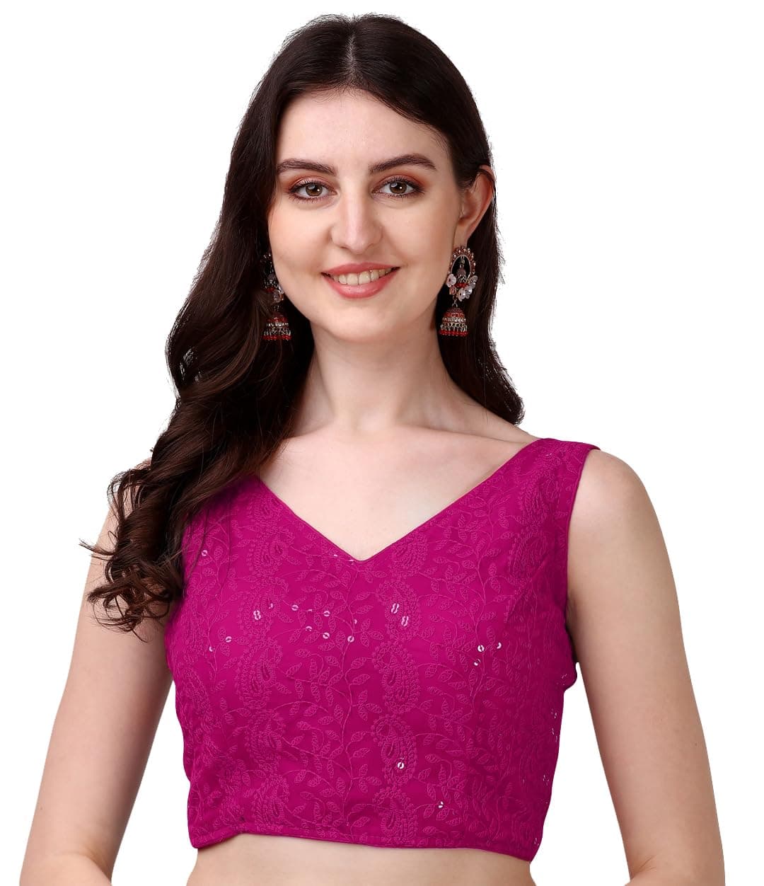 Pujia Mills Women's Georgette Sipali Sequin Work Sleeveless Blouse (Dark Pink, 38)