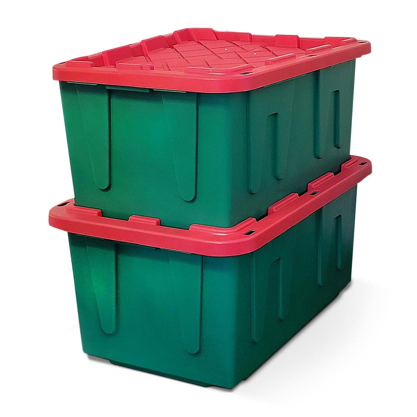 HOMZ 2Pack Durabilt Heavy Duty Plastic Storage Bins with Lids 27 Gallon GreenRed Stackable Container Boxes for Holiday Attic and Garage Organization