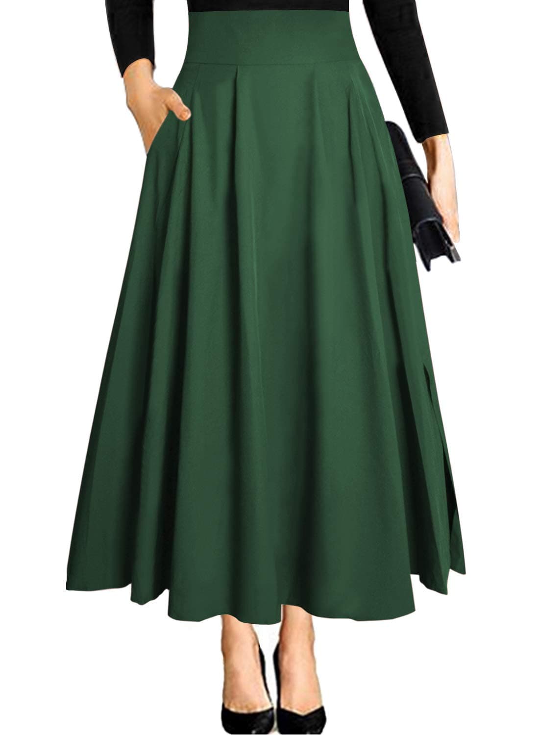 RANPHEE Dark Green Summer Maxi Skirts for Women Long Flowy Fit and Flare Elegant Casual Fall Swing Flattering Skirt to Hide Tummy M