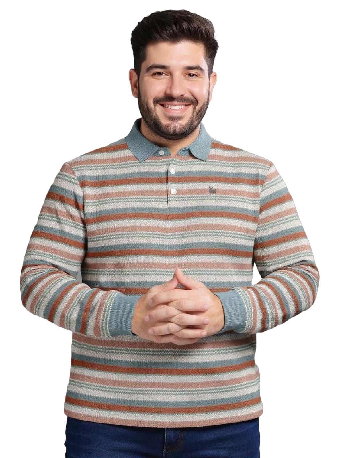 BULLMER Striped Textured Printed Polo Neck Fullsleeve Plus Size Tshirt with Rib for Men | Men’s Polo Tshirts in Plus Sizes only_Brown_XX-Large