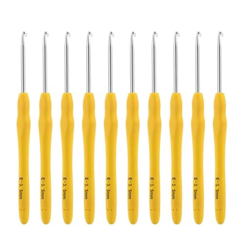 Vodiye 10PCS Crochet Hooks Professional Extra Long 35mm Ergonomic Handle Crochet Needle for Beginners and Experienced Yellow Metal