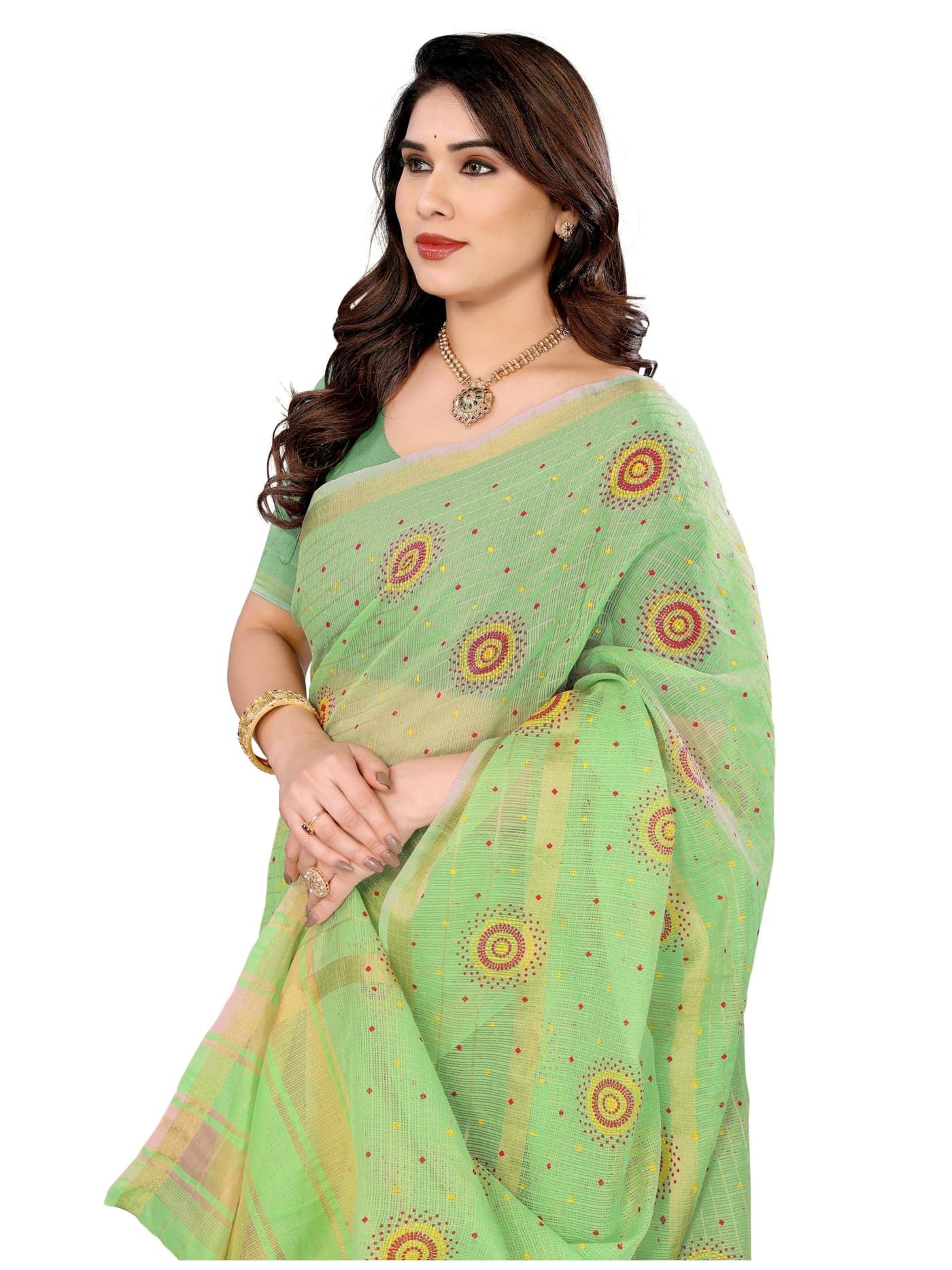 Sidhidata Women's Kota Doria Cotton Manipuri Bandhani/Bandhej Printed Saree With Unstitched Blouse Piece (Shagun Pista_Pista_Free Size)