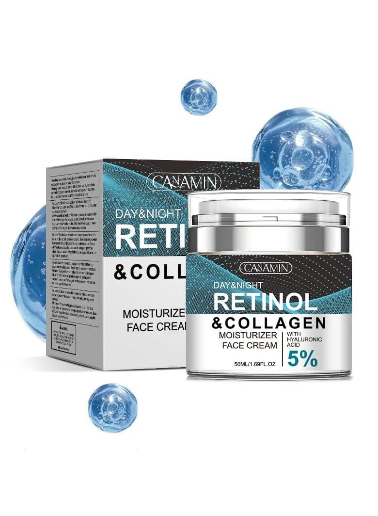 Face Moisturizer Retinol Cream, Anti Aging Neck Firming Cream, Collagen Day u0026 Night Face Cream with Hyaluronic Acid for Women u0026 Men, 1.85 Fl Oz