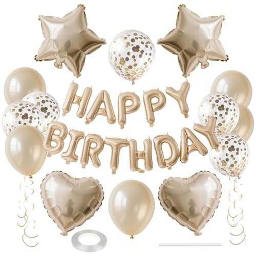 WEIKA 27 Pcs Champagne Gold Birthday Decorations 3D Letters Champagne Gold Happy Birthday Balloon Banner Pentagram Heart Foil Balloons Confetti Balloons Kit For Boys Girls Party Supplies