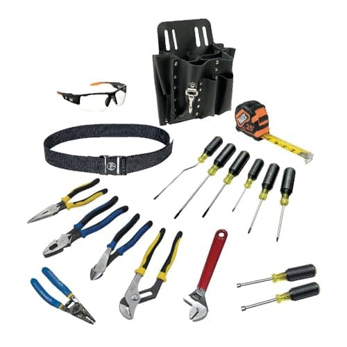 Klein Tools 80118 Electrician Tool Kit with Klein Hand Tools and Eye Protection, Comes in 10-Pocket Leather Tool Pouch, 18-Piece