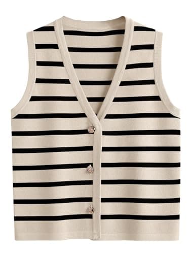 LILLUSORY Vest Tops for Women 2025 Fall Outfits Striped Sweaters Button Up Casual Shirts Blouses Jacket Fashion Clothes ApricotBlack S