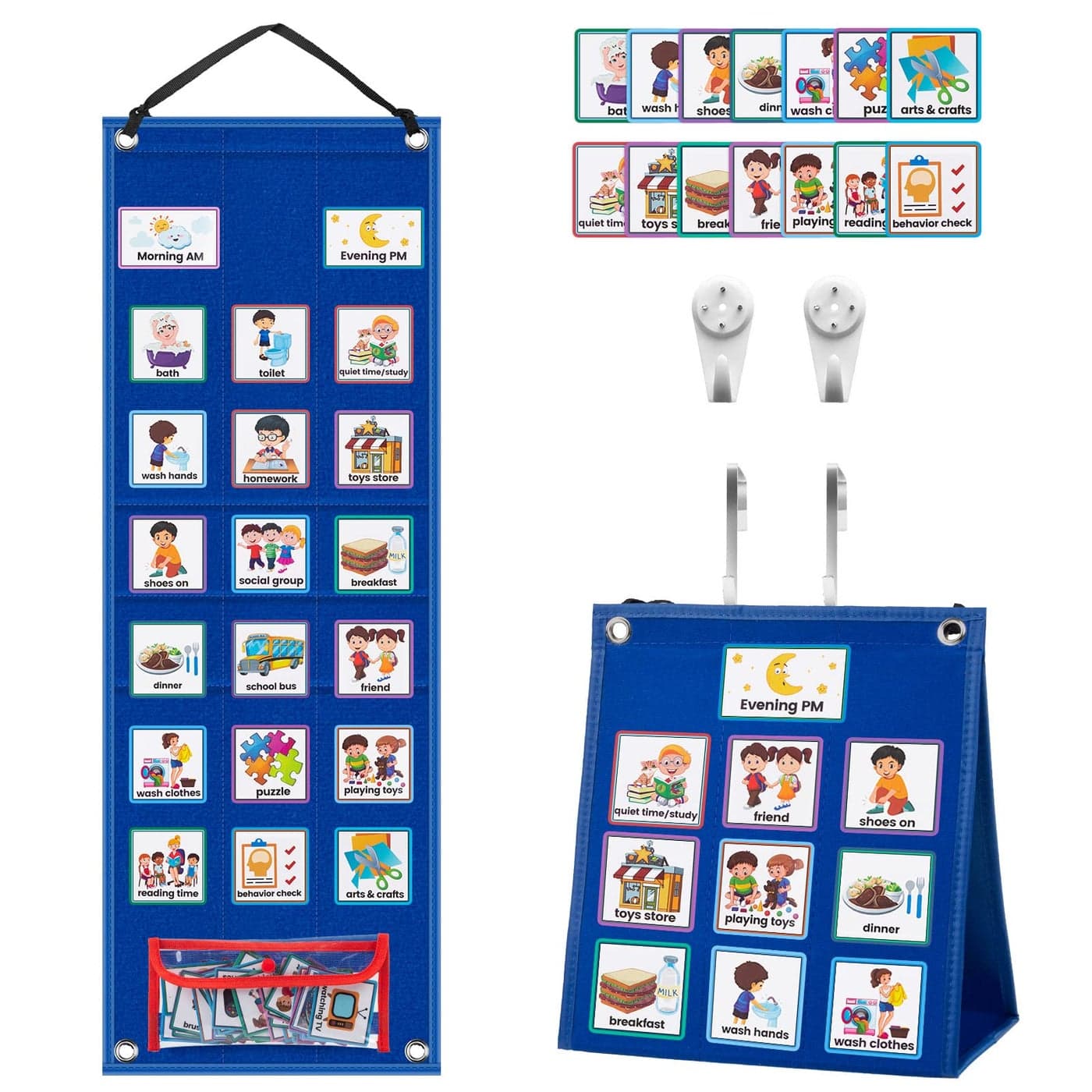 KIKIGOAL Kids Visual Schedule Calendar Chart, 2 in 1 Autism Daily Chore Routine Chart With 70 Cards Autism Learning Materials Kids Visual Behavioral Tool Wall Planner for Home School (Blue)