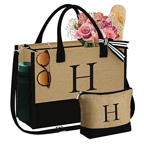 YOOLIFE Gifts for Women Initial Tote Bag - Initial Jute Beach Bags Thank You Gift for Teacher Mom Friend Tote Bag Birthday for Female Bridesmaids Personalized Gifts for Women H