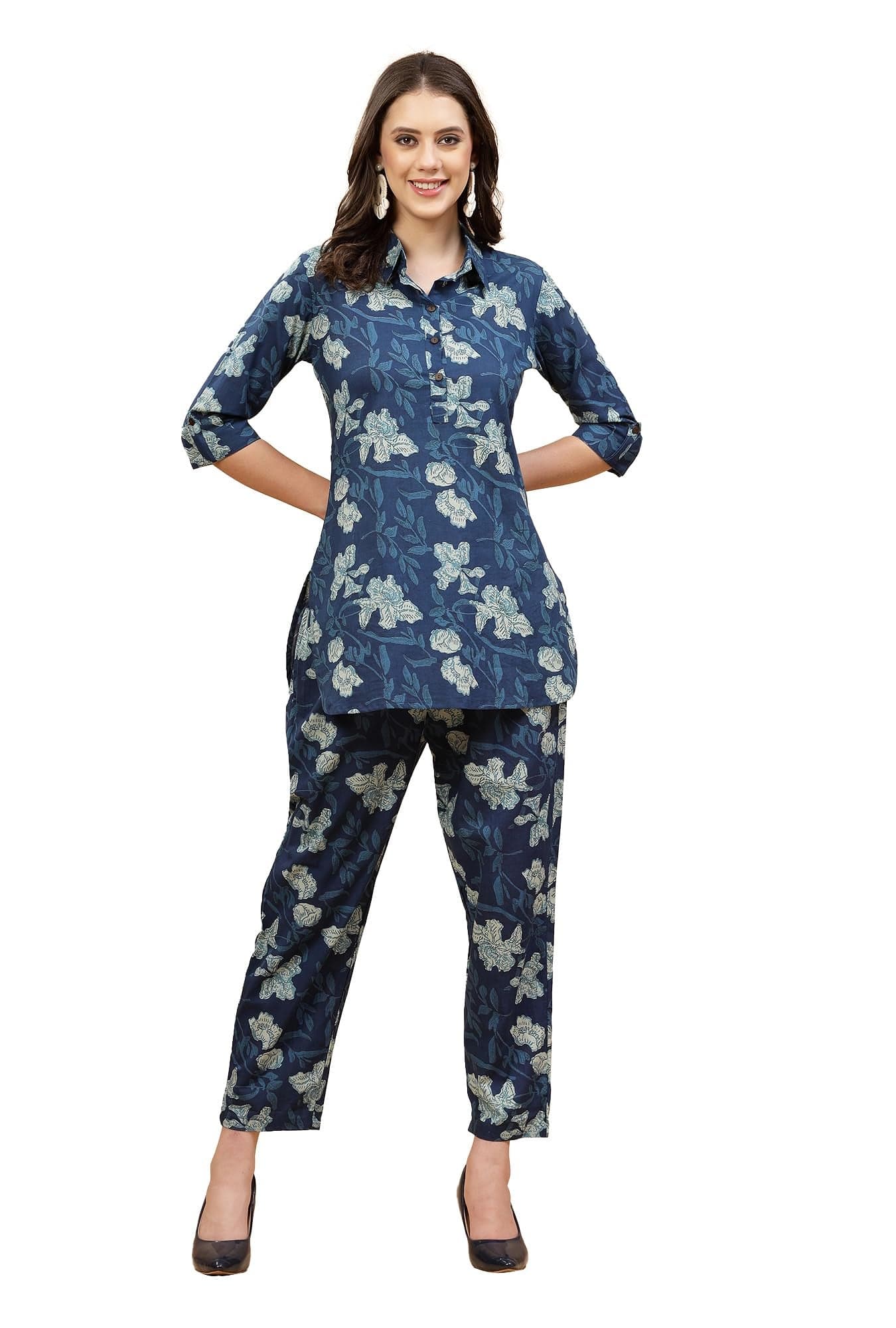 Pistaa's Women Floral Regular Pure Cotton Co-ord Set (Indigo Blue, Medium)