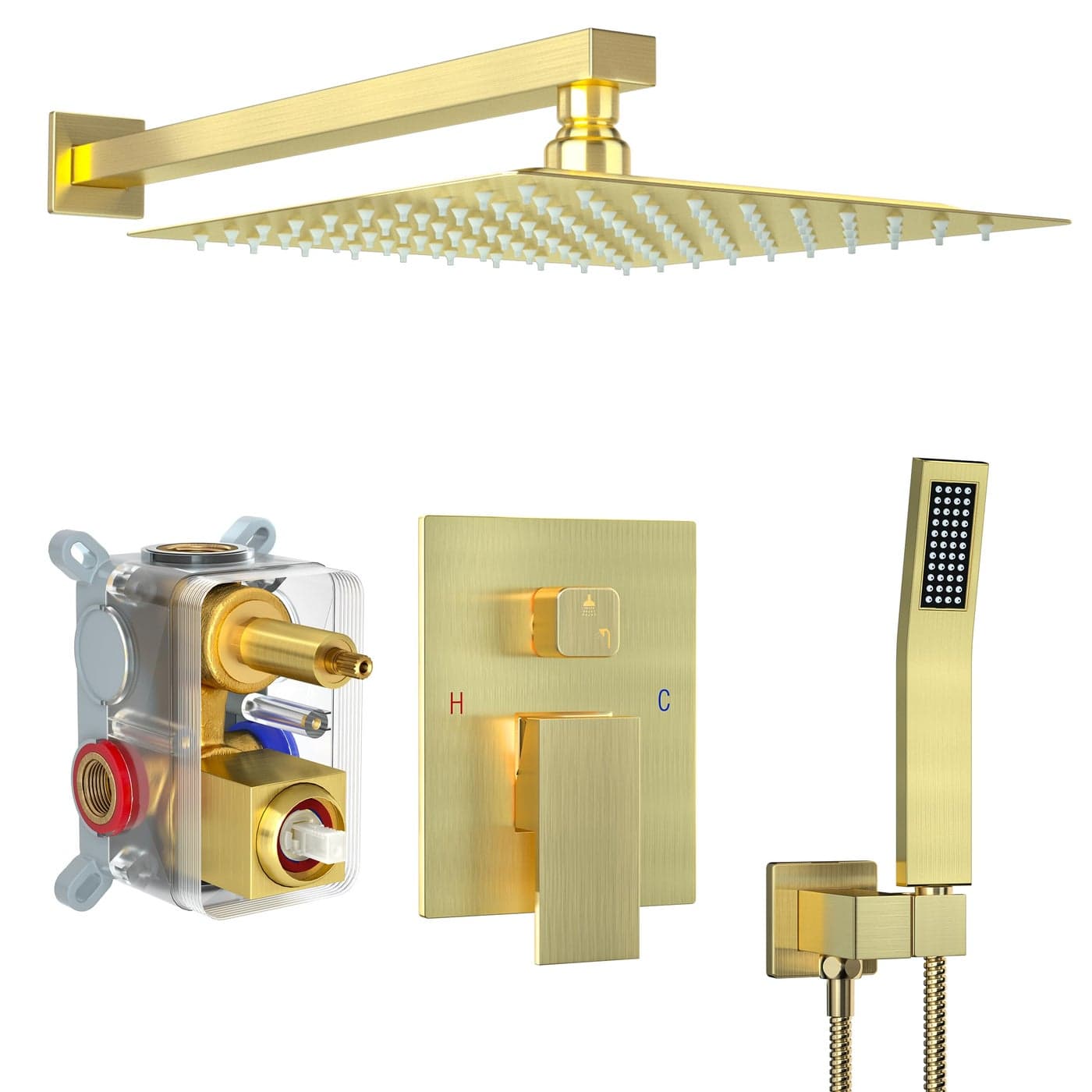 Fatspas Shower Faucet Set Shower System with 12 Inch Rain Showerhead and Handheld Shower Wall Mounted HighPressure Showerhead Combo Set Included Valve and Trim Brushed Gold