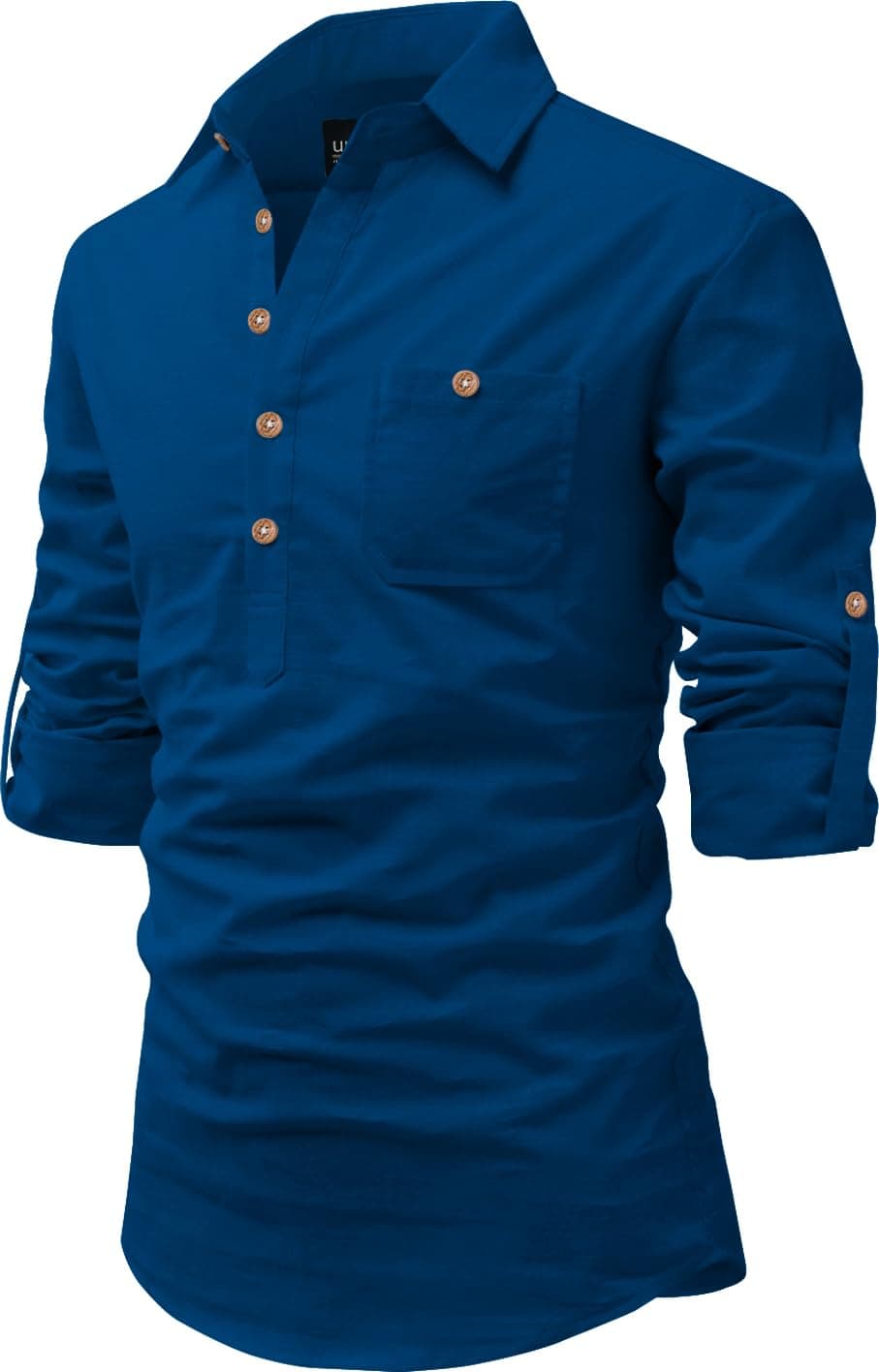 Univibe Men Cotton Full Sleeve Casual, Slim Fit Shirt Style Short Kurta With Pocket (Royal Blue, 42), XL