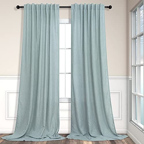 Aqua Curtains 108 Inches Long for Kids Room 2 Panels Set Back Tab Pocket Drapes Light Filtering Semi Sheer Linen Polyester Farmhouse Mint Green Curtain for Living Dining Sliding Seafoam Teal Grey 9 FT