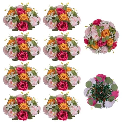 NUPTIO Flower Ball Centerpieces for Tables: 10 Pcs Hot Pink & Orange & Pink Artificial Rose Arrangements for Wedding Party - Faux Floral Baby Breath Kissing Balls for Spring Home Event Decor