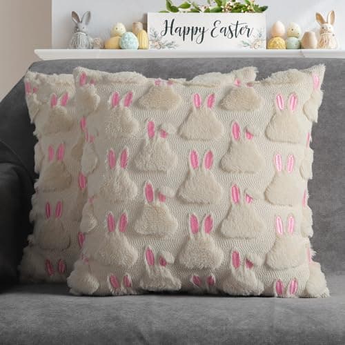 4TH Emotion Easter Decorative Pillow Covers 18x18 inch Set of 2 Beige Rabbit Soft Plush Faux Fur Farmhouse Throw Cushion Cases for Spring Holiday Home Decor
