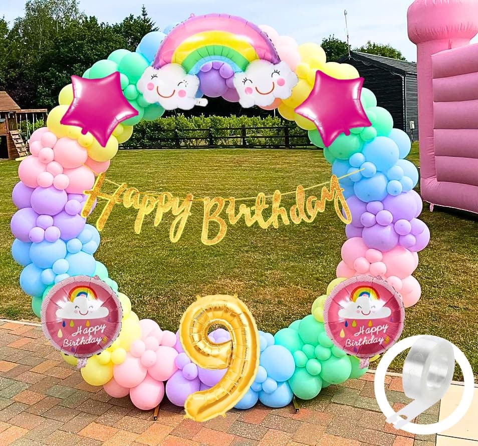 Flyloons Paper, Latex Rainbow Theme 9th Birthday Decorations Kit Girls Boys Kids For 9 Year With Number Rainbow Star Pink Purple Yellow Blue Green Pastel Balloons Happy Birthday Gold Banner, 58 Pcs