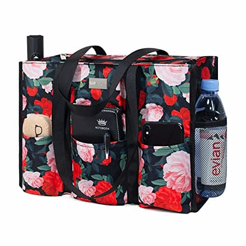 TOPDesign Utility Water Resistant Tote Bag with 13 Exterior & Interior Pockets, Top Zipper Closure & Thick Bottom Support, for Working Women, Teachers, Nurses, Accountants (Chinese Rose)