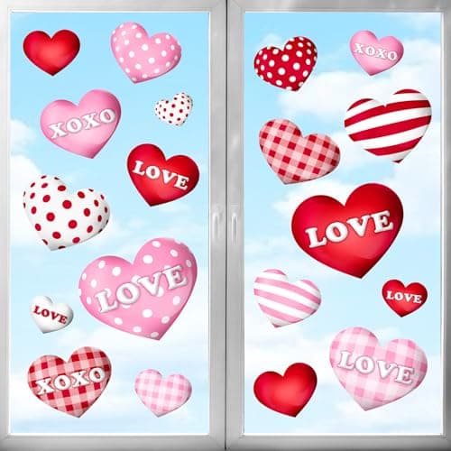 Valentines Day Decorations Window Clings: 8 Sheets Large 3D Red Pink White Heart Valentine Window Clings, Embossed Love XOXO Plaid Heart Decals for Kids Home Office Classroom Wedding Birthday Party