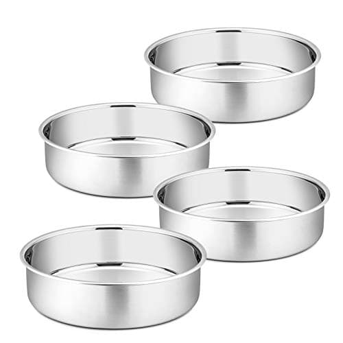P&P CHEF Cake Pan Set of 4, Stainless Steel Baking Round Cake Pans Tins Bakeware for Birthday Wedding, Leak-proof & Easy Clean, Mirror Finish & Easy Releasing, 8 Inch