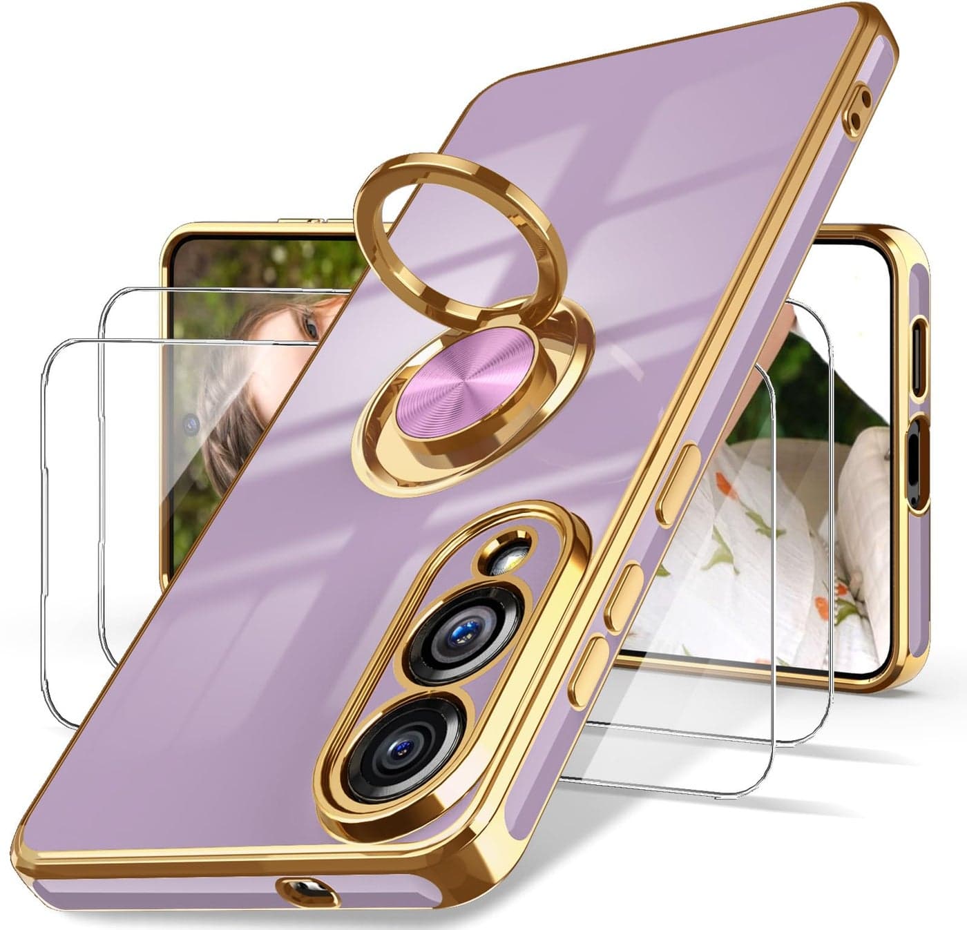 Dretal for Samsung Galaxy S25 Edge Case, Screen Protector, 360° Rotatable Ring Holder Magnetic Kickstand,Plated Gold Edge Slim Soft TPU Protective Phone Case Cover for Galaxy S25 Edge (Purple)