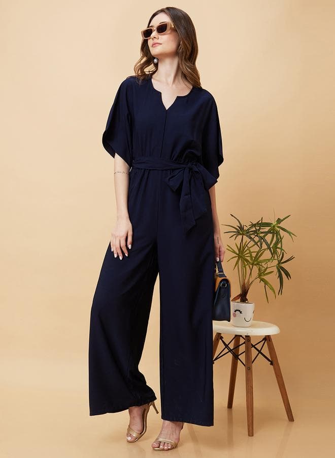 Kimono Sleeves Waist Tie-Up Straight Leg Jumpsuit