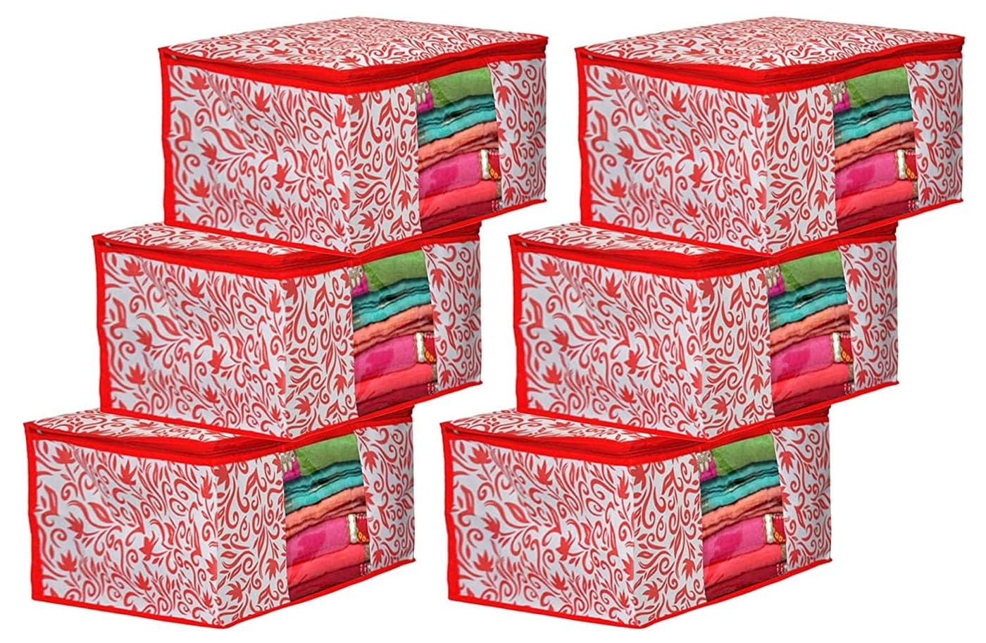Kuber Industries Non Woven Leaf Print Saree Covers With Zip|Foldable Wardrobe Organizer For Clothes|Saree Bags Keep 8 To 10 Saree|Suitable For Lehenga, Suit, Dress|Pack of 6 (Red, 330 mm, 220 mm)