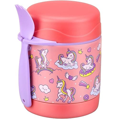 Kids' Lunch Insulated Food Jar with Spoon - 10oz Stainless Steel, Leak Proof, Wide Mouth, Hot Food Thermo for School (Pink, Unique Horse)